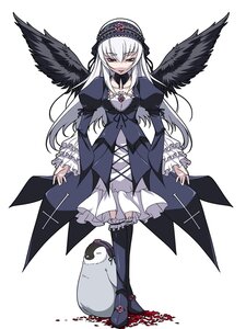 Rating: Safe Score: 0 Tags: 1girl black_wings dress feathers flower frills hairband image lolita_hairband long_hair long_sleeves rose silver_hair solo suigintou white_background wings User: admin