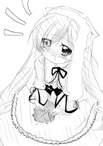 Rating: Safe Score: 0 Tags: 1girl blush dress eyebrows_visible_through_hair frills greyscale image long_sleeves looking_at_viewer monochrome neck_ribbon ribbon solo suiseiseki tears white_background User: admin