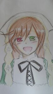 Rating: Safe Score: 0 Tags: 1girl :d blush green_eyes head_scarf heterochromia image long_hair looking_at_viewer neck_ribbon open_mouth red_eyes ribbon simple_background smile solo suiseiseki traditional_media upper_body watercolor_(medium) User: admin