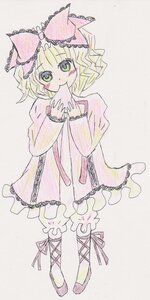 Rating: Safe Score: 0 Tags: 1girl blonde_hair bow dress eating food full_body green_eyes hair_bow hina_ichigo hinaichigo image leg_ribbon long_sleeves pink_bow pink_dress ribbon short_hair solo traditional_media watercolor_(medium) User: admin