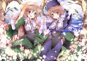 Rating: Safe Score: 0 Tags: 2girls :d blue_dress bonnet brown_hair capelet cherry_blossoms commentary_request dress flower green_dress green_eyes hand_on_headwear hat heterochromia holding holding_hands image interlocked_fingers layered_sleeves long_hair long_sleeves looking_at_viewer multiple_girls nanase_nao open_mouth pair red_eyes rozen_maiden short_hair short_over_long_sleeves short_sleeves siblings sisters smile souseiseki suiseiseki tree twins very_long_hair vest User: admin