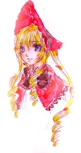 Rating: Safe Score: 0 Tags: 1girl blonde_hair bow capelet dress drill_hair image long_hair looking_at_viewer shinku simple_background smile solo upper_body white_background User: admin