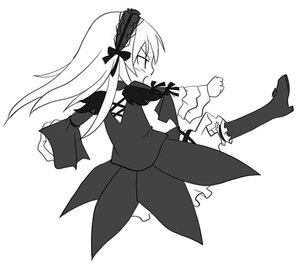 Rating: Safe Score: 0 Tags: 1girl boots dress frilled_sleeves full_body greyscale hairband high_heel_boots high_heels image long_hair long_sleeves monochrome puffy_sleeves running simple_background solo striped suigintou vertical-striped_dress vertical_stripes white_background wings User: admin