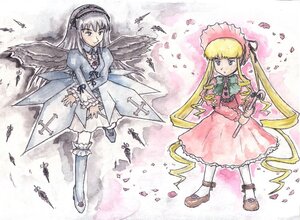 Rating: Safe Score: 0 Tags: 2girls auto_tagged bird black_wings blonde_hair blue_eyes dress feathers flower frills image long_hair long_sleeves multiple_girls pair rose shinku standing suigintou traditional_media very_long_hair watercolor_(medium) weapon wings User: admin