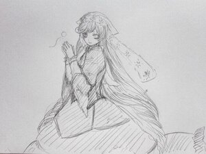 Rating: Safe Score: 0 Tags: 1girl dress graphite_(medium) greyscale image long_hair long_sleeves looking_at_viewer monochrome sketch solo suiseiseki traditional_media veil very_long_hair wide_sleeves User: admin