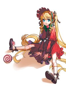 Rating: Safe Score: 0 Tags: 1girl blonde_hair blue_eyes bonnet bow bowtie candy dress flower food full_body image lollipop long_hair long_sleeves red_dress ribbon rose shinku shoes sitting solo swirl_lollipop twintails very_long_hair white_background User: admin
