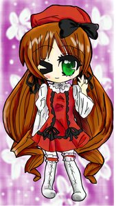Rating: Safe Score: 0 Tags: 1girl blush boots bow brown_hair chibi dress full_body green_eyes hat image long_hair long_sleeves looking_at_viewer one_eye_closed red_dress solo standing suiseiseki very_long_hair User: admin