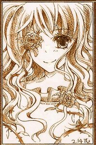 Rating: Safe Score: 0 Tags: 1girl closed_mouth dated flower image kirakishou long_hair looking_at_viewer monochrome rose shikishi signature simple_background smile solo traditional_media wavy_hair User: admin