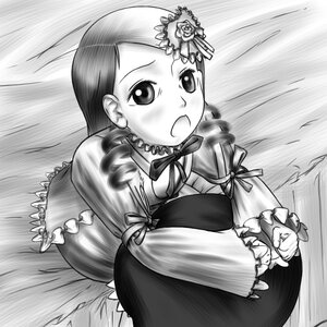 Rating: Safe Score: 0 Tags: 1girl blush dress frills greyscale hair_ornament image kanaria monochrome open_mouth ribbon solo User: admin