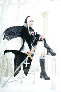 Rating: Safe Score: 0 Tags: 1girl black_wings boots dress feathers frills high_heel_boots high_heels instrument long_hair long_sleeves sitting solo suigintou wings User: admin