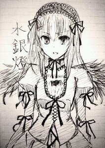 Rating: Safe Score: 0 Tags: 1girl cross-laced_clothes detached_collar dress frills greyscale hairband image lolita_hairband long_hair looking_at_viewer monochrome ribbon solo suigintou traditional_media upper_body wings User: admin