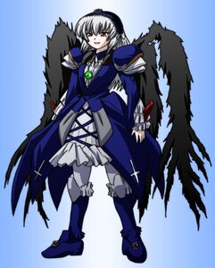 Rating: Safe Score: 0 Tags: 1girl bangs black_wings blue_background boots brooch dress frills full_body gradient gradient_background hairband image long_sleeves mecha mecha_musume pink_eyes rozen_maiden silver_hair solo standing steed_(steed_enterprise) suigintou wings User: admin