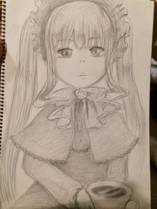 Rating: Safe Score: 0 Tags: 1girl bangs capelet closed_mouth cup dress eyebrows_visible_through_hair frills image long_hair looking_at_viewer monochrome photo shinku solo teacup traditional_media User: admin