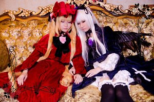 Rating: Safe Score: 0 Tags: 2girls blonde_hair closed_eyes dress flower frills hat long_hair multiple_cosplay multiple_girls red_dress rose shinku silver_hair sitting sleeping suigintou tagme thighhighs User: admin