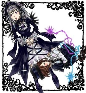 Rating: Safe Score: 0 Tags: 2girls brown_hair dress flower frills hat holding_hands image long_sleeves multiple_girls pair rose short_hair silver_hair souseiseki suigintou wings User: admin