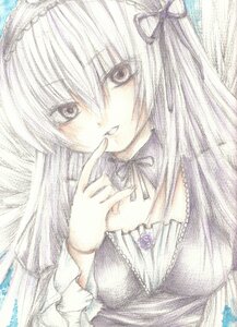 Rating: Safe Score: 0 Tags: 1girl bangs black_ribbon dress finger_to_mouth flower frills image long_hair long_sleeves looking_at_viewer marker_(medium) ribbon rose smile solo suigintou traditional_media upper_body white_hair User: admin