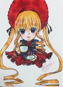 Rating: Safe Score: 0 Tags: 1girl artist_name blonde_hair blue_eyes blush bonnet bow bowtie capelet cup drill_hair flower hat holding holding_cup image long_hair long_sleeves looking_at_viewer marker_(medium) photo rose shinku signature simple_background smile solo teacup traditional_media twintails upper_body User: admin