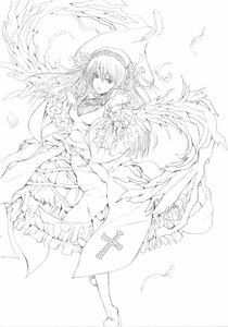 Rating: Safe Score: 0 Tags: 1girl dress feathered_wings feathers floating_hair flower frills full_body greyscale hairband image long_hair long_sleeves looking_at_viewer monochrome ribbon rose solo suigintou very_long_hair white_background wings User: admin