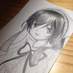 Rating: Safe Score: 0 Tags: 1girl auto_tagged eyebrows_visible_through_hair frills graphite_(medium) greyscale image looking_at_viewer monochrome photo ribbon shikishi smile solo suiseiseki traditional_media upper_body User: admin