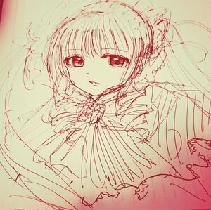 Rating: Safe Score: 0 Tags: 1girl bangs frills image long_hair long_sleeves looking_at_viewer monochrome red_theme shinku simple_background sketch solo upper_body User: admin