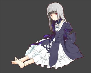 Rating: Safe Score: 0 Tags: 1girl barefoot dress frills full_body image long_hair long_sleeves looking_at_viewer red_eyes silver_hair simple_background sitting solo suigintou User: admin