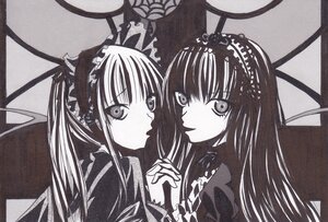 Rating: Safe Score: 0 Tags: 2girls frills hairband holding_hands image lolita_fashion long_hair looking_at_viewer monochrome multiple_girls pair shinku siblings sisters smile suigintou traditional_media twintails User: admin