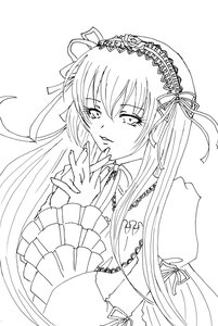 Rating: Safe Score: 0 Tags: 1girl dress eyebrows_visible_through_hair frills greyscale hair_ribbon hairband image long_hair long_sleeves looking_at_viewer monochrome ribbon simple_background solo suigintou upper_body very_long_hair white_background User: admin