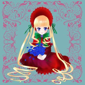 Rating: Safe Score: 0 Tags: 1girl bangs blonde_hair blue_background blue_eyes blush bonnet bow bowtie dress drill_hair flower green_bow green_neckwear image long_hair long_sleeves looking_at_viewer red_dress rose shinku sidelocks simple_background sitting solo twintails very_long_hair User: admin