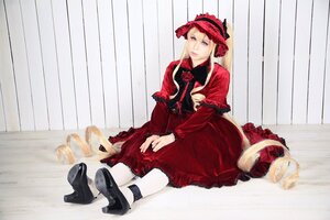 Rating: Safe Score: 0 Tags: 1girl black_footwear blonde_hair blue_eyes bonnet dress high_heels lolita_fashion long_hair red_dress shinku shoes sitting solo User: admin