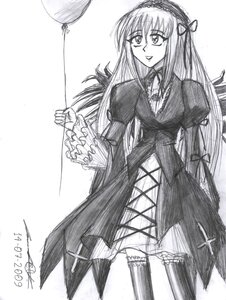 Rating: Safe Score: 0 Tags: 1girl dated dress frills greyscale hairband image long_hair long_sleeves looking_at_viewer monochrome signature simple_background smile solo standing suigintou traditional_media very_long_hair User: admin