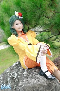 Rating: Safe Score: 0 Tags: 1girl dress flower grass green_hair hair_ornament kanaria mary_janes nail_polish outdoors pantyhose shoes sitting smile solo User: admin