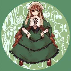 Rating: Safe Score: 0 Tags: 1girl brown_hair dress drill_hair frills full_body green_dress green_eyes heterochromia image long_hair long_sleeves looking_at_viewer red_eyes smile solo suiseiseki twin_drills very_long_hair User: admin
