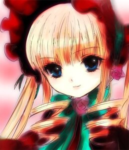 Rating: Safe Score: 0 Tags: 1girl bangs blonde_hair blue_eyes bonnet bow bowtie dress flower green_bow hat image long_hair looking_at_viewer pink_rose rose shinku sidelocks smile solo twintails User: admin