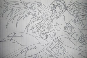 Rating: Safe Score: 0 Tags: 1girl dress feathered_wings frills hairband image long_hair long_sleeves looking_at_viewer monochrome power_lines simple_background solo suigintou traditional_media very_long_hair wings User: admin