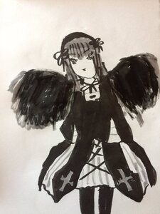 Rating: Safe Score: 0 Tags: 1girl bangs black_wings dress feathered_wings greyscale hairband image long_hair long_sleeves looking_at_viewer monochrome pantyhose ribbon solo standing star_(symbol) suigintou wings User: admin
