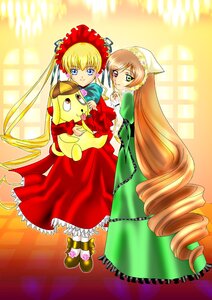 Rating: Safe Score: 0 Tags: 2girls blonde_hair blue_eyes bonnet bow dress drill_hair frills green_eyes head_scarf heterochromia image long_hair long_sleeves looking_at_viewer multiple_girls pair red_dress shinku smile suiseiseki twintails very_long_hair yellow_background User: admin