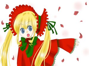 Rating: Safe Score: 0 Tags: 1girl blonde_hair blue_eyes bonnet bow bowtie capelet dress flower green_bow green_neckwear image long_hair long_sleeves looking_at_viewer open_mouth petals red_dress rose rose_petals shinku solo twintails User: admin