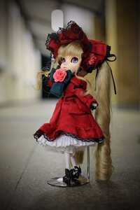 Rating: Safe Score: 0 Tags: 1girl blonde_hair blue_eyes bonnet bow doll dress figure flower frills long_hair long_sleeves looking_at_viewer photo pink_bow pink_rose red_dress rose shinku solo standing twintails User: admin