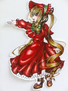 Rating: Safe Score: 0 Tags: 1girl blonde_hair bonnet bow dress full_body image long_hair long_sleeves looking_at_viewer marker_(medium) red_dress shinku shoes solo traditional_media very_long_hair User: admin