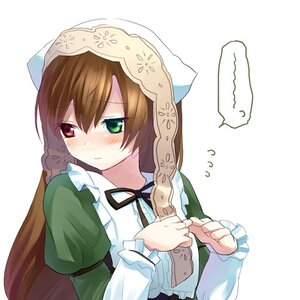 Rating: Safe Score: 0 Tags: 1girl blush bonnet bow brown_hair dress flying_sweatdrops frills green_dress green_eyes hamamo hat heterochromia image juliet_sleeves long_hair long_sleeves lowres puffy_sleeves ribbon rozen_maiden simple_background solo striped suiseiseki upper_body very_long_hair white_background User: admin