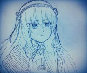 Rating: Safe Score: 0 Tags: 1girl bangs blue_eyes blue_theme closed_mouth eyebrows_visible_through_hair frown hairband half-closed_eyes image long_hair long_sleeves looking_at_viewer monochrome ribbon shirt solo suigintou traditional_media uniform upper_body User: admin