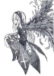 Rating: Safe Score: 0 Tags: 1girl black_wings boots dress feathered_wings feathers greyscale hairband high_heel_boots image long_hair long_sleeves looking_at_viewer monochrome simple_background solo suigintou white_background wings User: admin