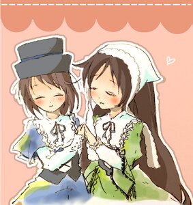 Rating: Safe Score: 0 Tags: 2girls blush brown_hair closed_eyes dress frills green_dress hat image long_hair long_sleeves multiple_girls pair ribbon short_hair siblings sisters smile souseiseki suiseiseki very_long_hair User: admin