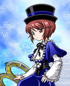 Rating: Safe Score: 0 Tags: 1girl blue_background blue_dress brown_hair chain-link_fence dress fence frills green_eyes hat heterochromia hexagon honeycomb_(pattern) honeycomb_background image long_sleeves looking_at_viewer red_eyes ribbon short_hair solo souseiseki top_hat User: admin