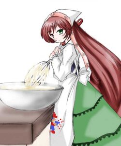 Rating: Safe Score: 0 Tags: 1girl apron dress green_dress green_eyes head_scarf heterochromia image long_hair long_sleeves looking_at_viewer simple_background solo suiseiseki very_long_hair white_background User: admin