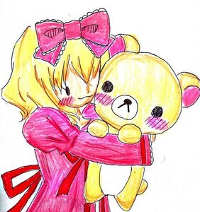 Rating: Safe Score: 0 Tags: 1girl blonde_hair bow dress hinaichigo image long_sleeves pink_bow pink_dress ribbon simple_background smile solo stuffed_animal teddy_bear traditional_media white_background User: admin