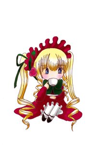 Rating: Safe Score: 0 Tags: 1girl blonde_hair blue_eyes blush bonnet chibi cup dress drill_hair drinking eating flower image long_hair long_sleeves looking_at_viewer red_dress rose shinku simple_background sitting solo teacup twintails very_long_hair white_background User: admin