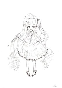 Rating: Safe Score: 0 Tags: 1girl bangs blush dress frills full_body holding image lolita_fashion long_hair long_sleeves looking_at_viewer monochrome shinku smile solo standing striped twintails very_long_hair User: admin