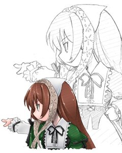 Rating: Safe Score: 0 Tags: 2girls brown_hair dress frills green_dress green_eyes hat head_scarf image long_hair long_sleeves multiple_girls profile ribbon simple_background sisters smile solo suiseiseki very_long_hair white_background User: admin