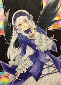 Rating: Safe Score: 0 Tags: 1girl black_wings closed_mouth dress flower frilled_sleeves frills hairband holding image long_hair long_sleeves looking_at_viewer marker_(medium) purple_eyes ribbon silver_hair smile solo suigintou traditional_media very_long_hair watercolor_(medium) wings User: admin